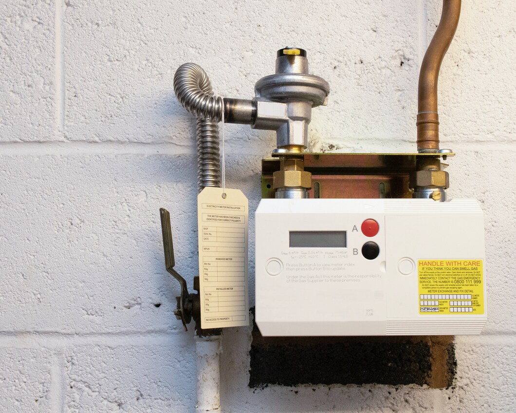 Gas meter die aan de muur hangt